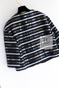 CHANEL 22C Black Sequin Glitter Stretch Jersey Jacket 38 40 42 シャネル ブラック スパンコール グリッター ストレッチ ジャージー ノーカラー ジャケット 即発