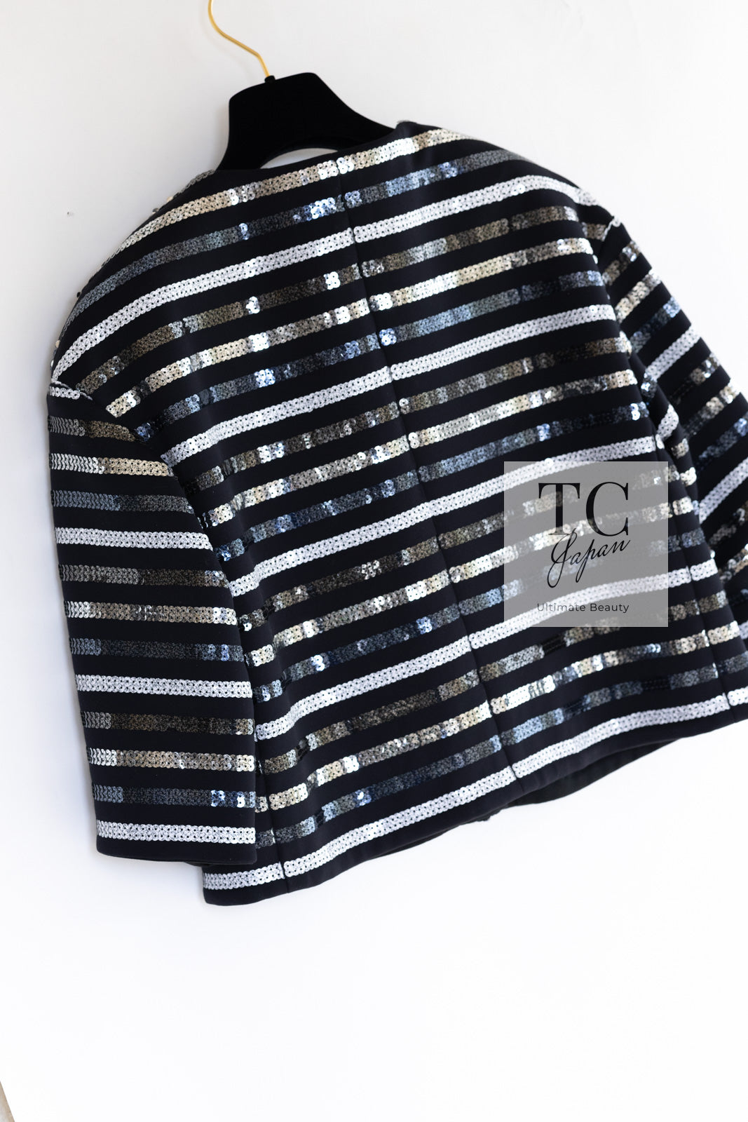 CHANEL 22C Black Sequin Glitter Stretch Jersey Jacket 38 40 42 シャネル ブラック スパンコール グリッター ストレッチ ジャージー ノーカラー ジャケット 即発