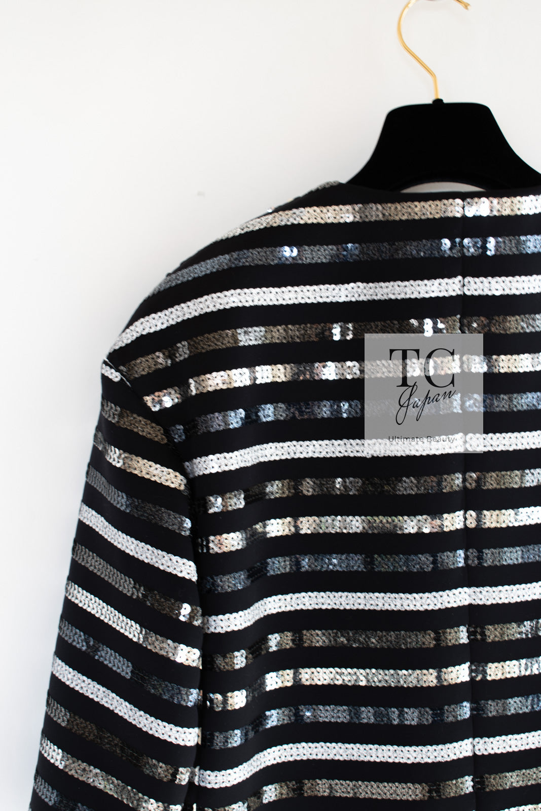 CHANEL 22C Black Sequin Glitter Stretch Jersey Jacket 38 40 42 シャネル ブラック スパンコール グリッター ストレッチ ジャージー ノーカラー ジャケット 即発