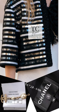 CHANEL 22C Black Sequin Glitter Stretch Jersey Jacket 38 40 42 シャネル ブラック スパンコール グリッター ストレッチ ジャージー ノーカラー ジャケット 即発