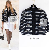 CHANEL 22C Black Sequin Glitter Stretch Jersey Jacket 38 40 42 シャネル ブラック スパンコール グリッター ストレッチ ジャージー ノーカラー ジャケット 即発