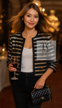 CHANEL 22C Black Sequin Glitter Stretch Jersey Jacket 38 40 42 シャネル ブラック スパンコール グリッター ストレッチ ジャージー ノーカラー ジャケット 即発