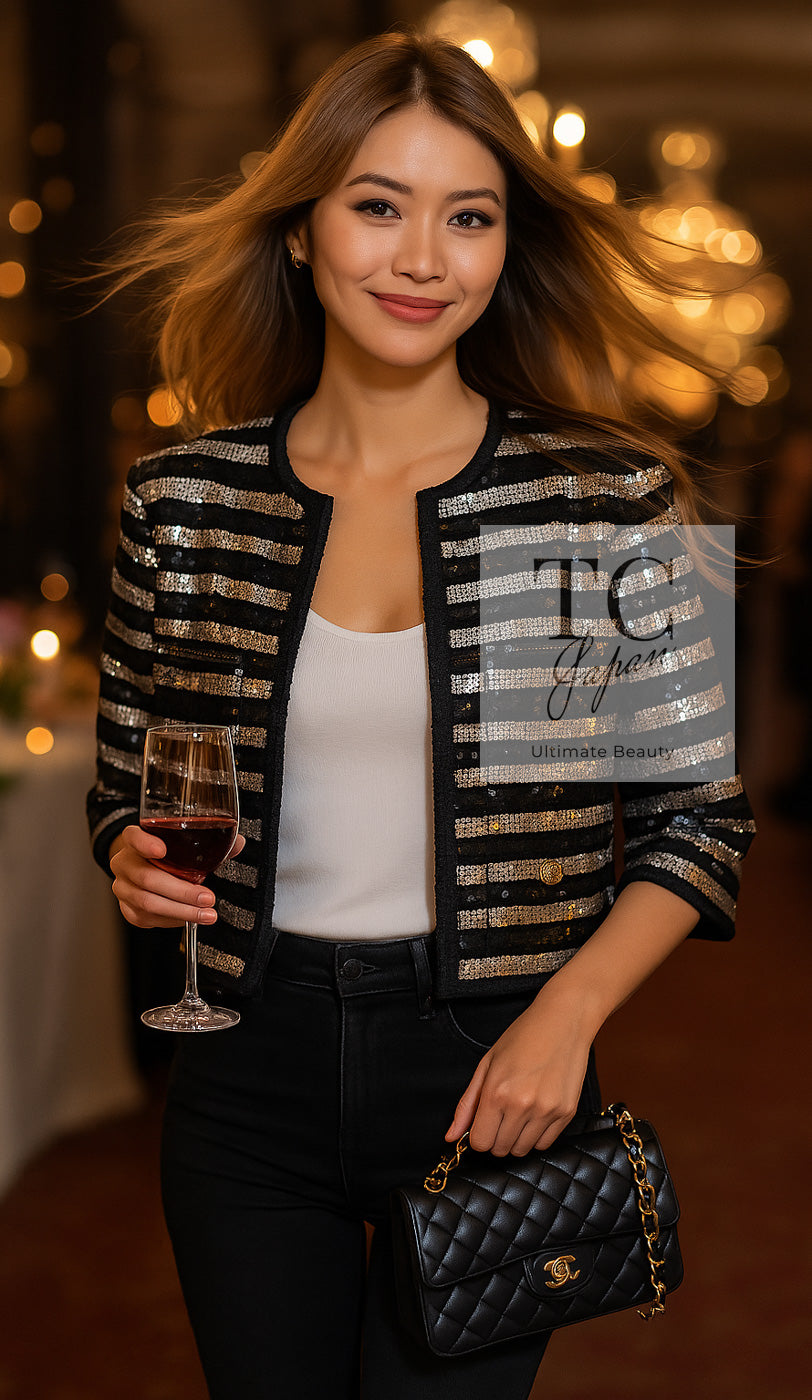 CHANEL 22C Black Sequin Glitter Stretch Jersey Jacket 38 40 42 シャネル ブラック スパンコール グリッター ストレッチ ジャージー ノーカラー ジャケット 即発