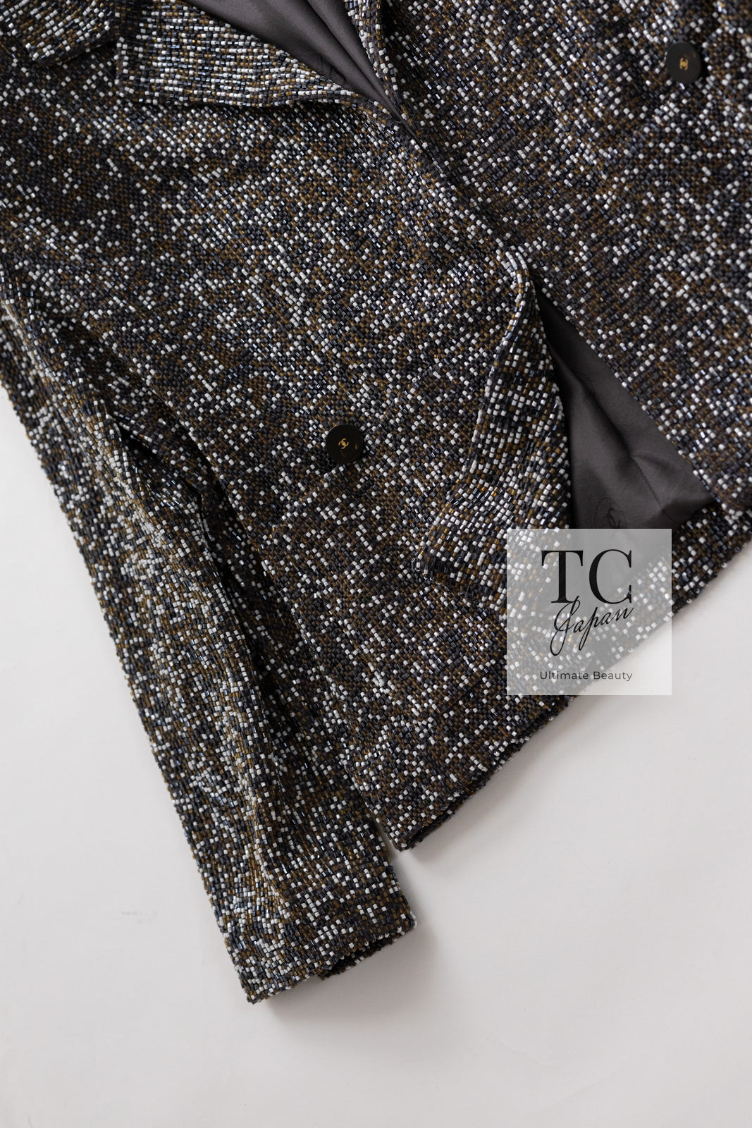 CHANEL 99S Brown Olive Navy Cotton Beaded Evening Party Jacket 40 42 シャネル ブラウン オリーブ ネイビー ビーズ イブニング パーティー ジャケット 即発