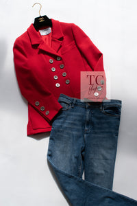 CHANEL 90s Vintage Red CC Silver Button Double Jacket 34 36 シャネル ヴィンテージ レッド CC シルバー ボタン ダブル ジャケット 即発