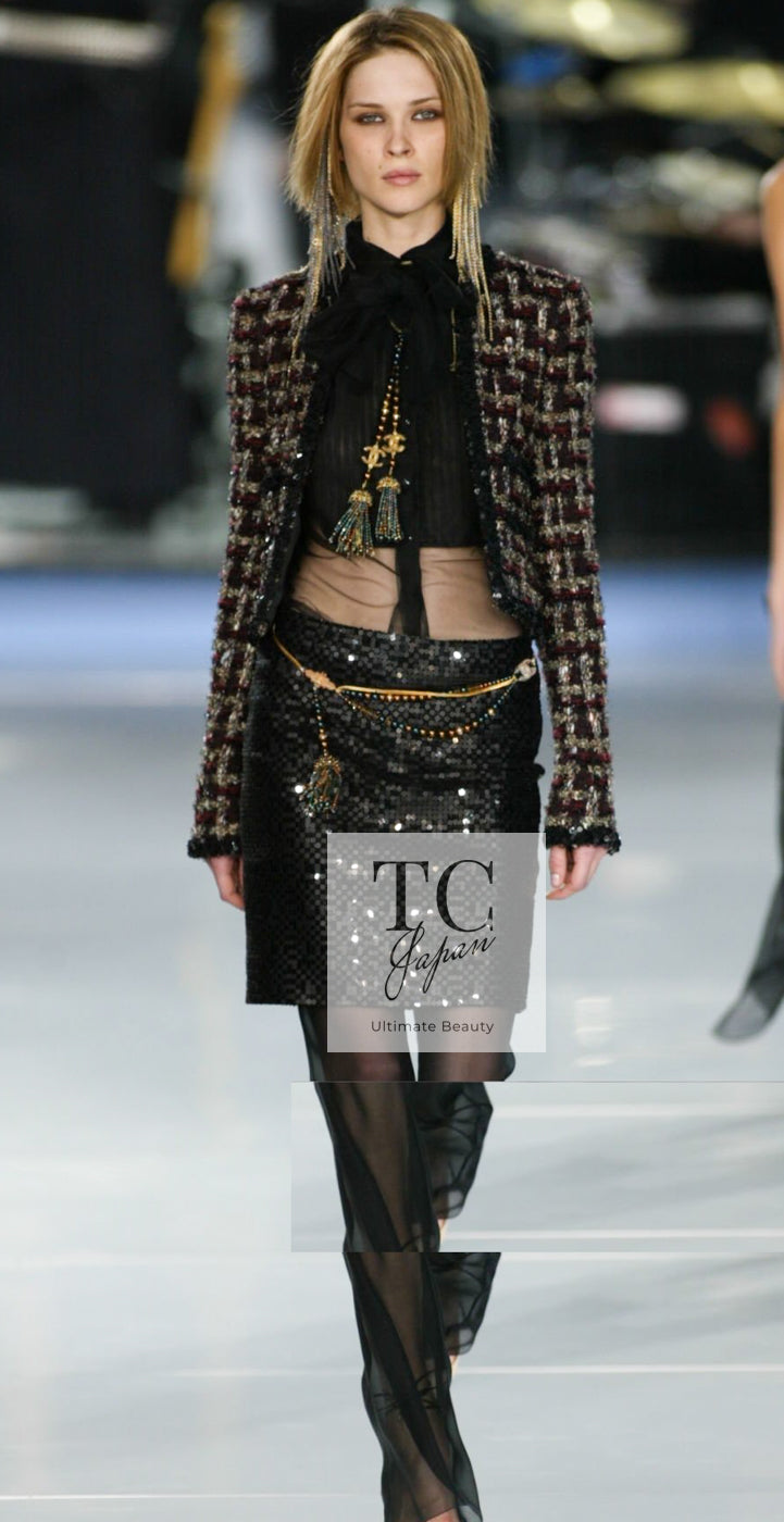 CHANEL 02A Bordeaux Brown Black Mix Sequin Tweed Jacket 38 シャネル ボルドー ブラウン ブラック ミックス スパンコール ツイード ジャケット 即発