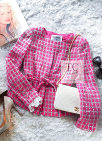 CHANEL 14S Pink White Belt Cotton Tweed Jacket 34 シャネル ピンク ホワイト コットン ツイード ジャケット 即発