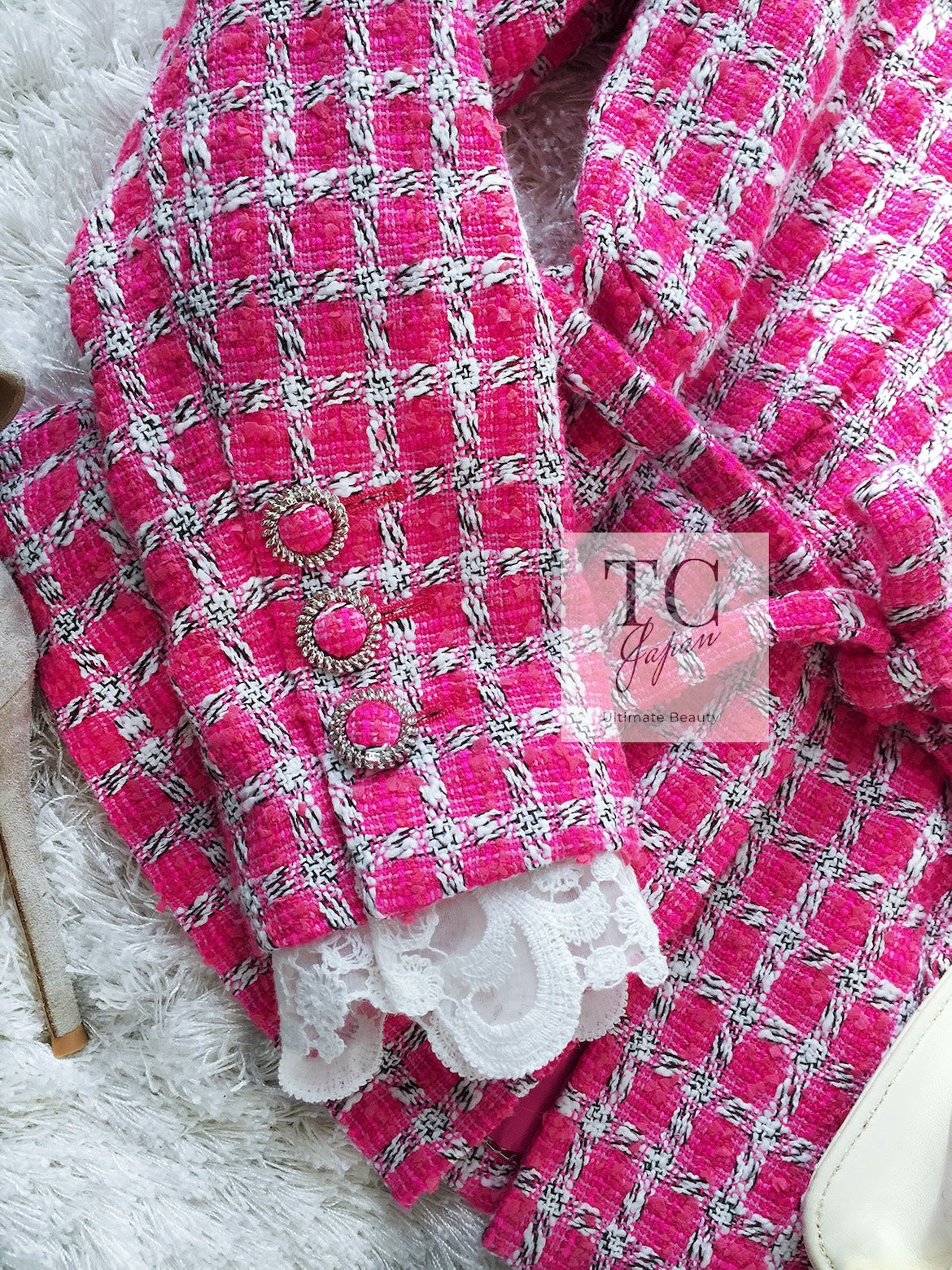 CHANEL 14S Pink White Belt Cotton Tweed Jacket 34 シャネル ピンク ホワイト コットン ツイード ジャケット 即発