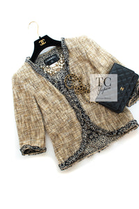 CHANEL 03S Beige Cotton Ruffled Floral Trim Tweed Jacket 36 38 シャネル ベージュ コットン ラッフル フローラルトリム ツイード ジャケット 即発