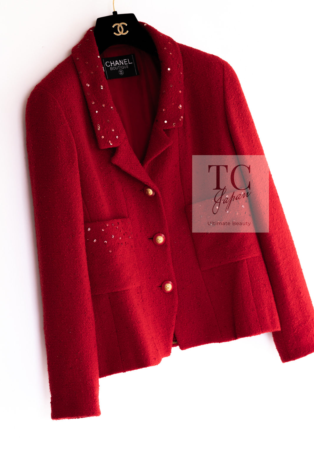 CHANEL 93A Vintage Red Sequin Wool Tweed Jacket 38 40 シャネル ヴィンテージ レッド スパンコール ウール ツイード ジャケット 即発
