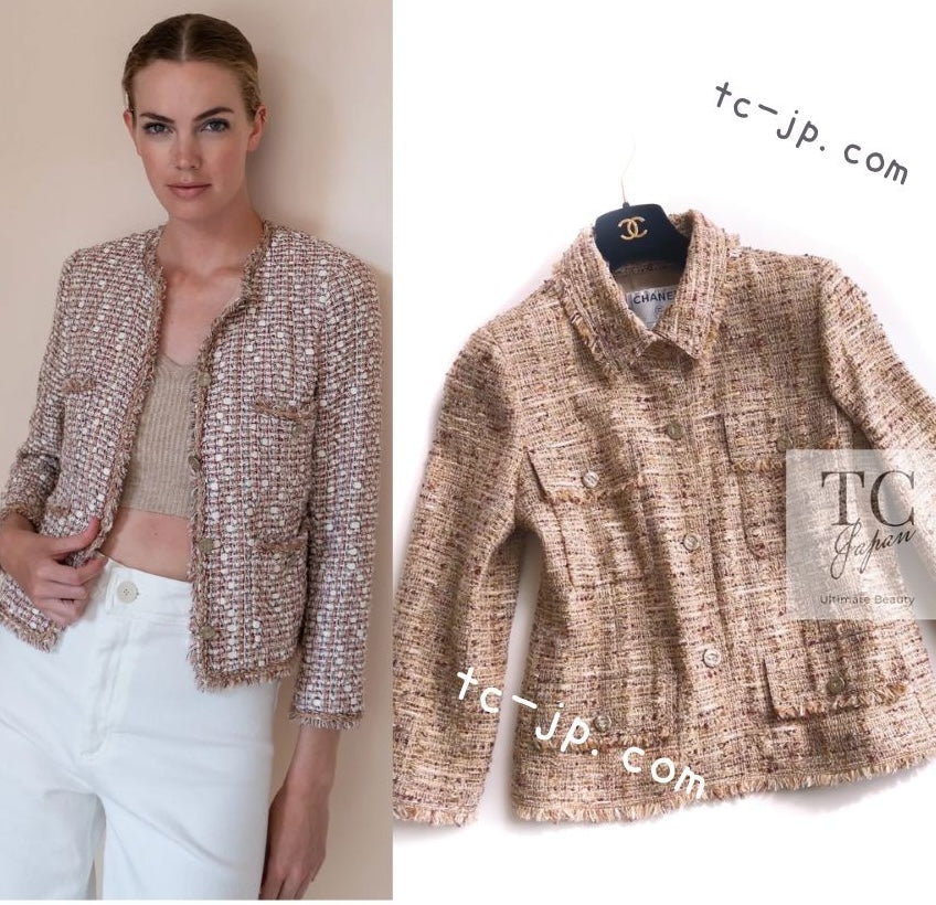 CHANEL 06S Beige Gold Cotton Tweed Jacket 42 44 シャネル ベージュ ゴールド コットン ツイード ジャケット 即発