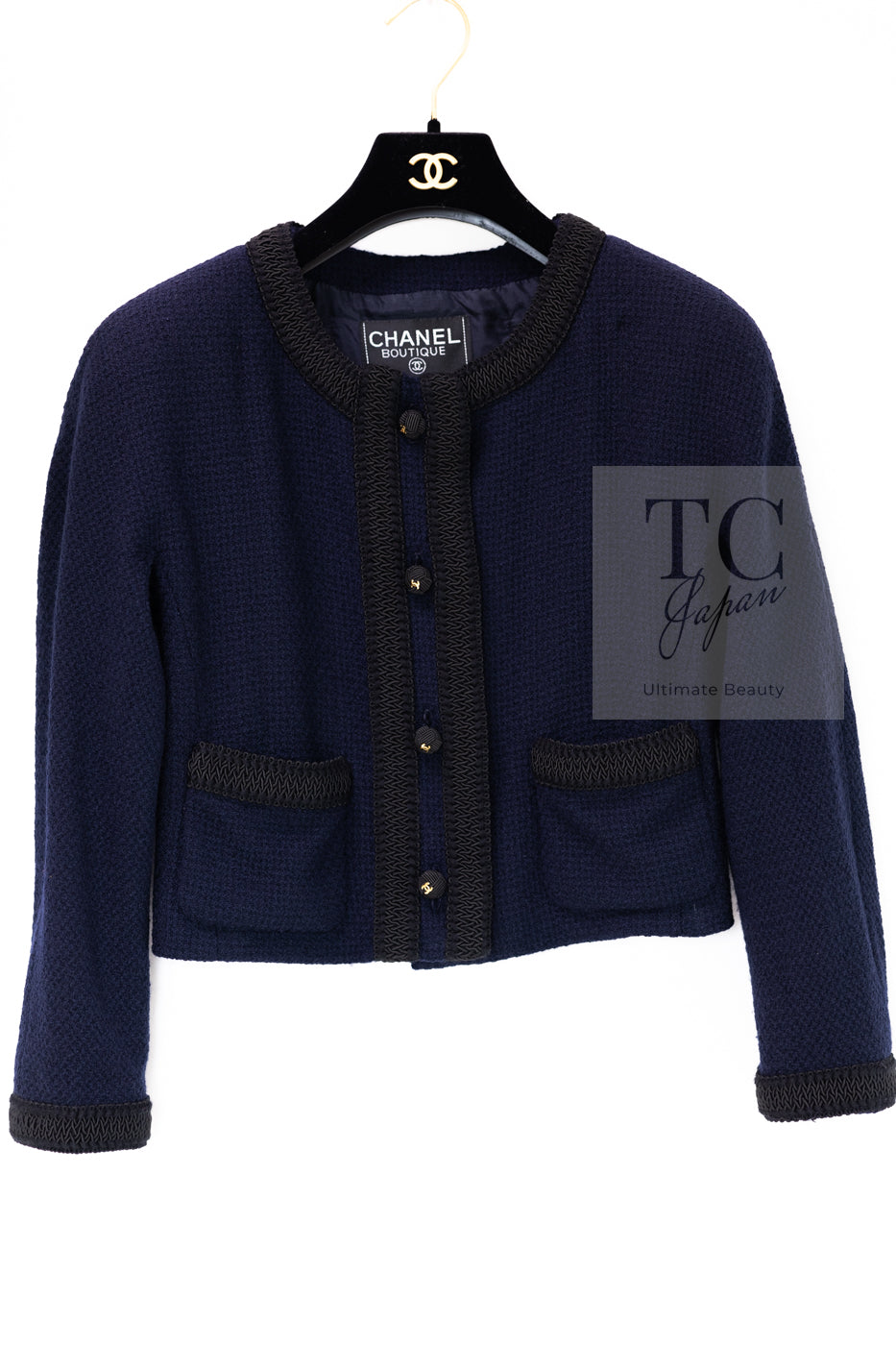 CHANEL 90S Vintage Dark Navy Black Braid Trim CC Ball Buttons Wool Tweed Jacket 36 シャネル ヴィンテージ ダーク ネイビー ブラック ブレードトリム CCロゴ 手毬ボタン ウール ツイード ジャケット 即発