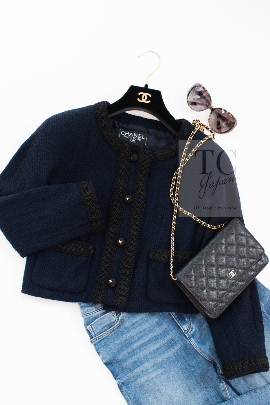 CHANEL 90S Vintage Dark Navy Black Braid Trim CC Ball Buttons Wool Tweed Jacket 36 シャネル ヴィンテージ ダーク ネイビー ブラック ブレードトリム CCロゴ 手毬ボタン ウール ツイード ジャケット 即発