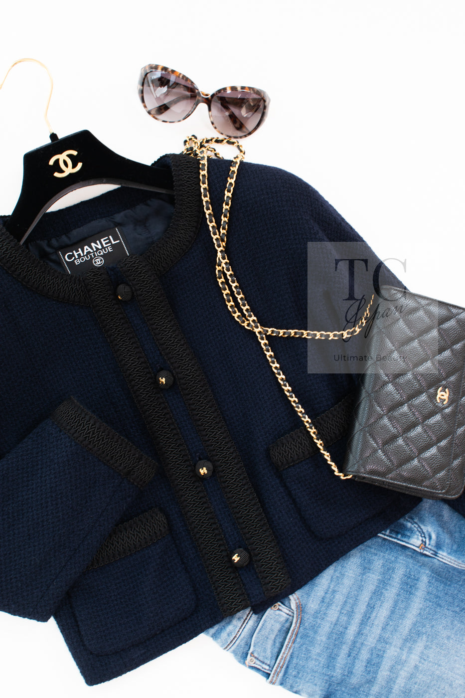 CHANEL 90S Vintage Dark Navy Black Braid Trim CC Ball Buttons Wool Tweed Jacket 36 シャネル ヴィンテージ ダーク ネイビー ブラック ブレードトリム CCロゴ 手毬ボタン ウール ツイード ジャケット 即発