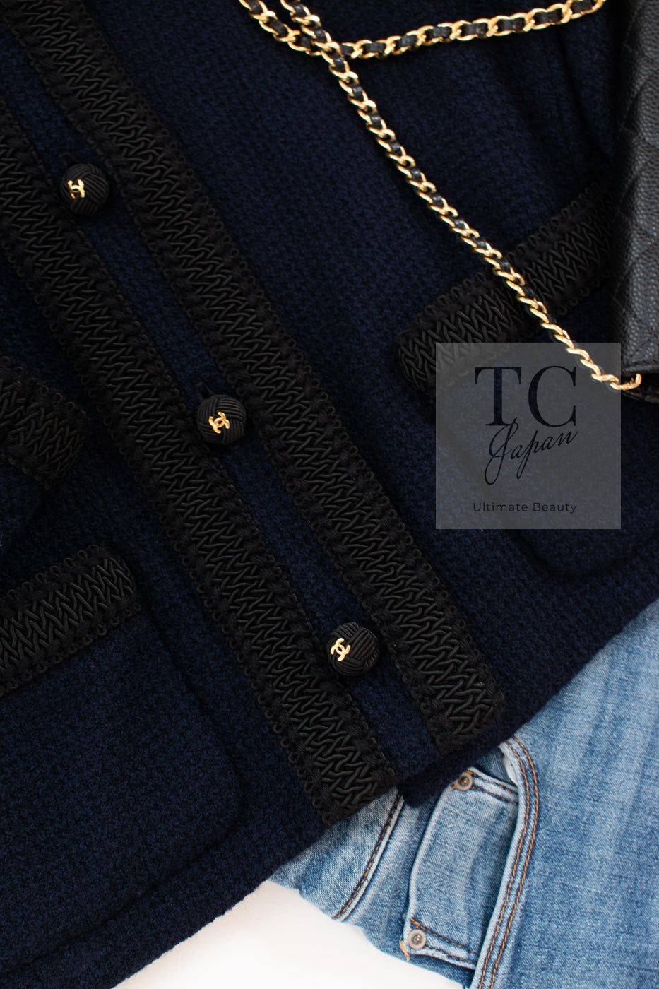 CHANEL 90S Vintage Dark Navy Black Braid Trim CC Ball Buttons Wool Tweed Jacket 36 シャネル ヴィンテージ ダーク ネイビー ブラック ブレードトリム CCロゴ 手毬ボタン ウール ツイード ジャケット 即発