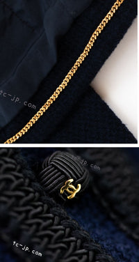 CHANEL 90S Vintage Dark Navy Black Braid Trim CC Ball Buttons Wool Tweed Jacket 36 シャネル ヴィンテージ ダーク ネイビー ブラック ブレードトリム CCロゴ 手毬ボタン ウール ツイード ジャケット 即発
