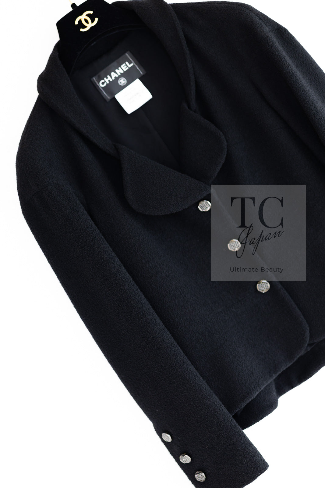 CHANEL 12C Black Rhinestone CC Buttons Wool Tweed Jacket 36 シャネル ブラック ラインストーン CC ボタン ウール ツイード ジャケット 即発
