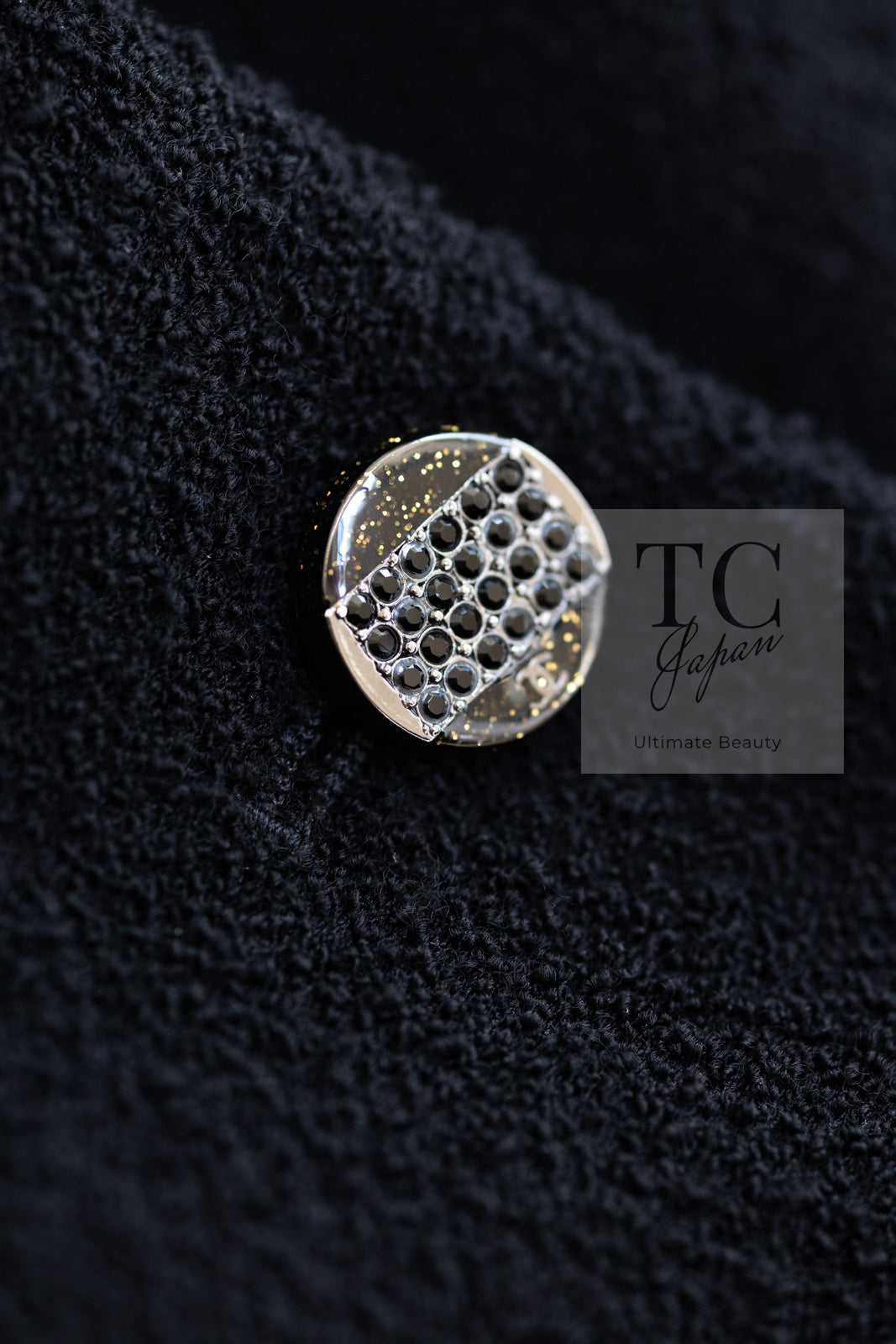 CHANEL 12C Black Rhinestone CC Buttons Wool Tweed Jacket 36 シャネル ブラック ラインストーン CC ボタン ウール ツイード ジャケット 即発