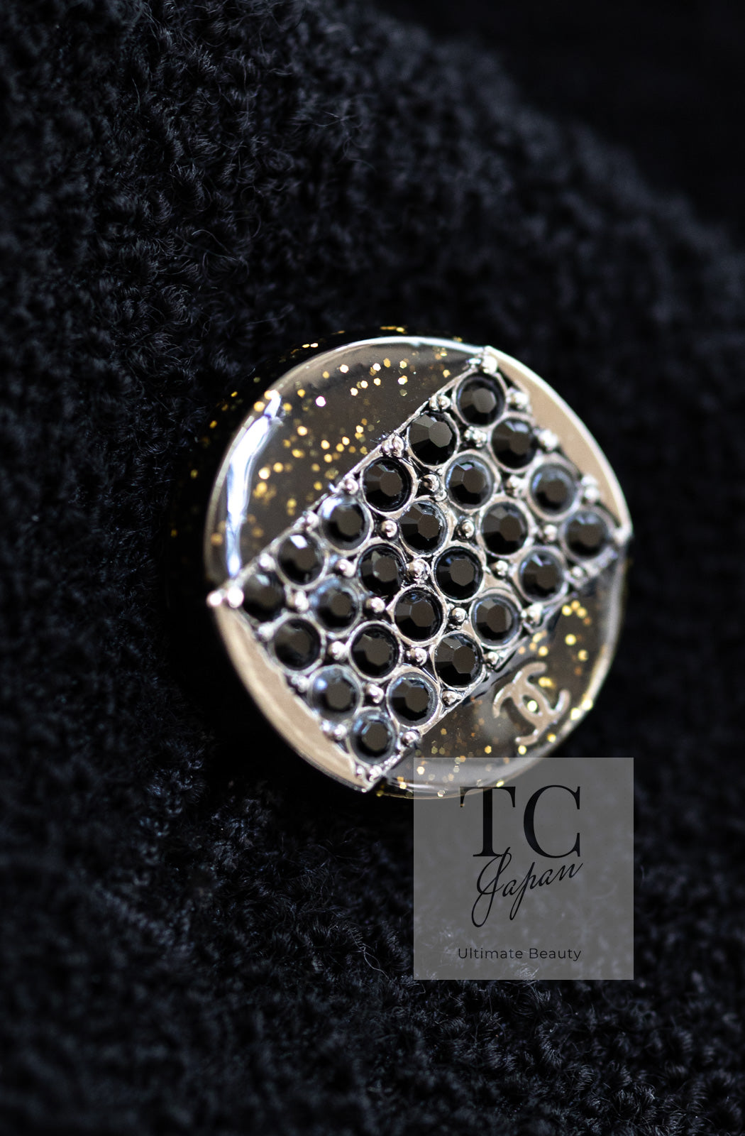 CHANEL 12C Black Rhinestone CC Buttons Wool Tweed Jacket 36 シャネル ブラック ラインストーン CC ボタン ウール ツイード ジャケット 即発