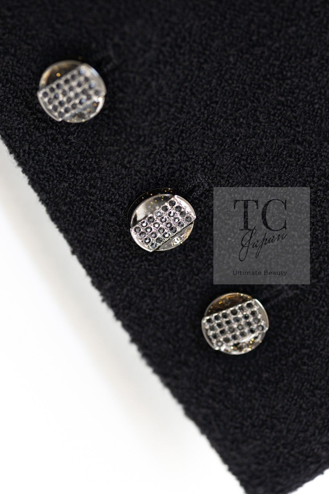 CHANEL 12C Black Rhinestone CC Buttons Wool Tweed Jacket 36 シャネル ブラック ラインストーン CC ボタン ウール ツイード ジャケット 即発