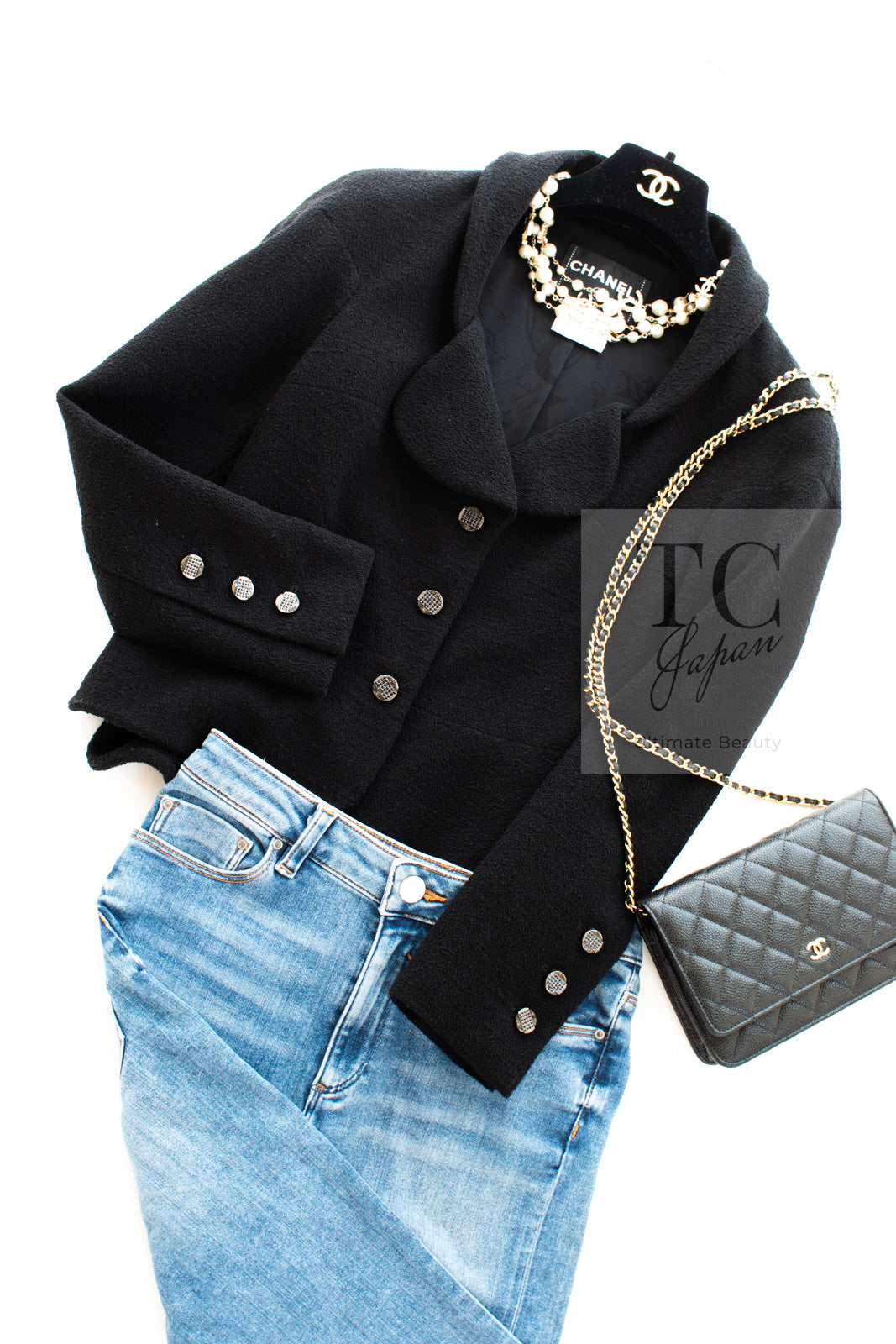 CHANEL 12C Black Rhinestone CC Buttons Wool Tweed Jacket 36 シャネル ブラック ラインストーン CC ボタン ウール ツイード ジャケット 即発