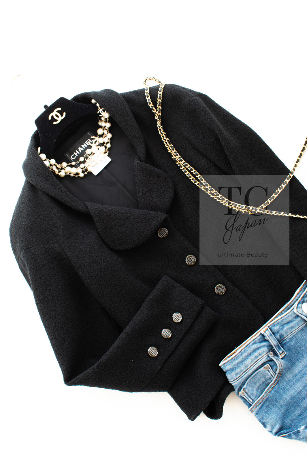 CHANEL 12C Black Rhinestone CC Buttons Wool Tweed Jacket 36 シャネル ブラック ラインストーン CC ボタン ウール ツイード ジャケット 即発