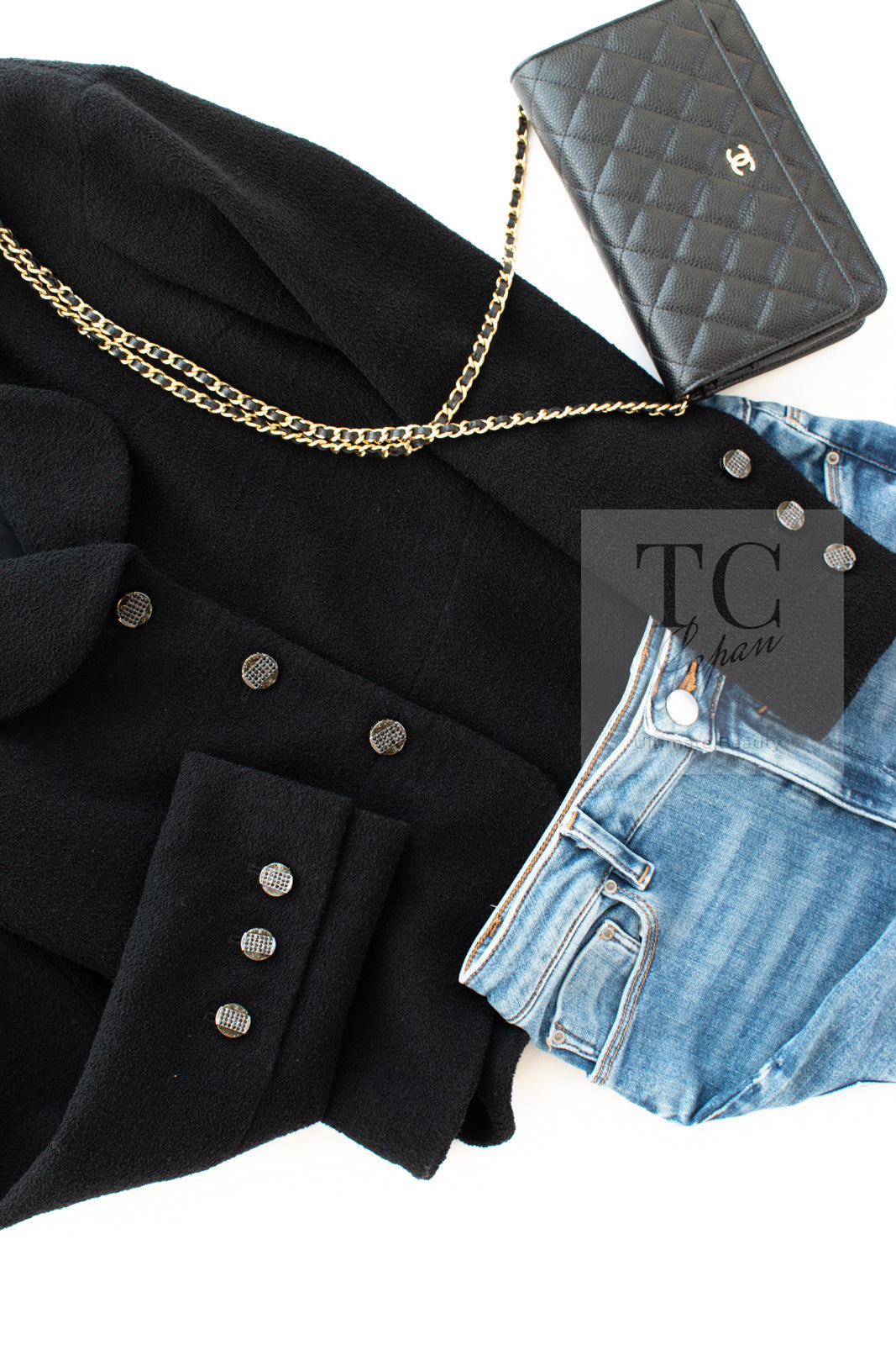 CHANEL 12C Black Rhinestone CC Buttons Wool Tweed Jacket 36 シャネル ブラック ラインストーン CC ボタン ウール ツイード ジャケット 即発