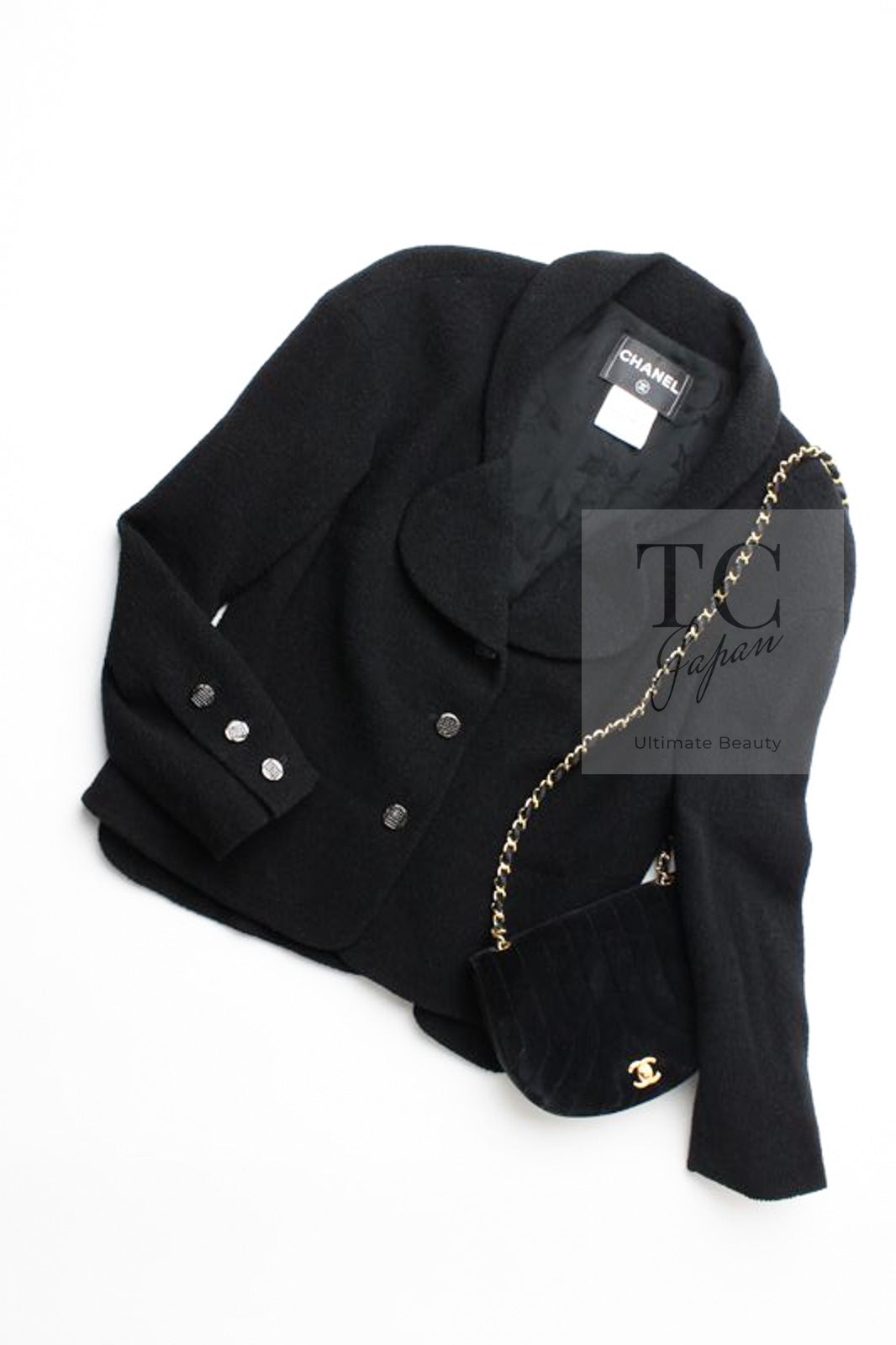 CHANEL 12C Black Rhinestone CC Buttons Wool Tweed Jacket 36 シャネル ブラック ラインストーン CC ボタン ウール ツイード ジャケット 即発