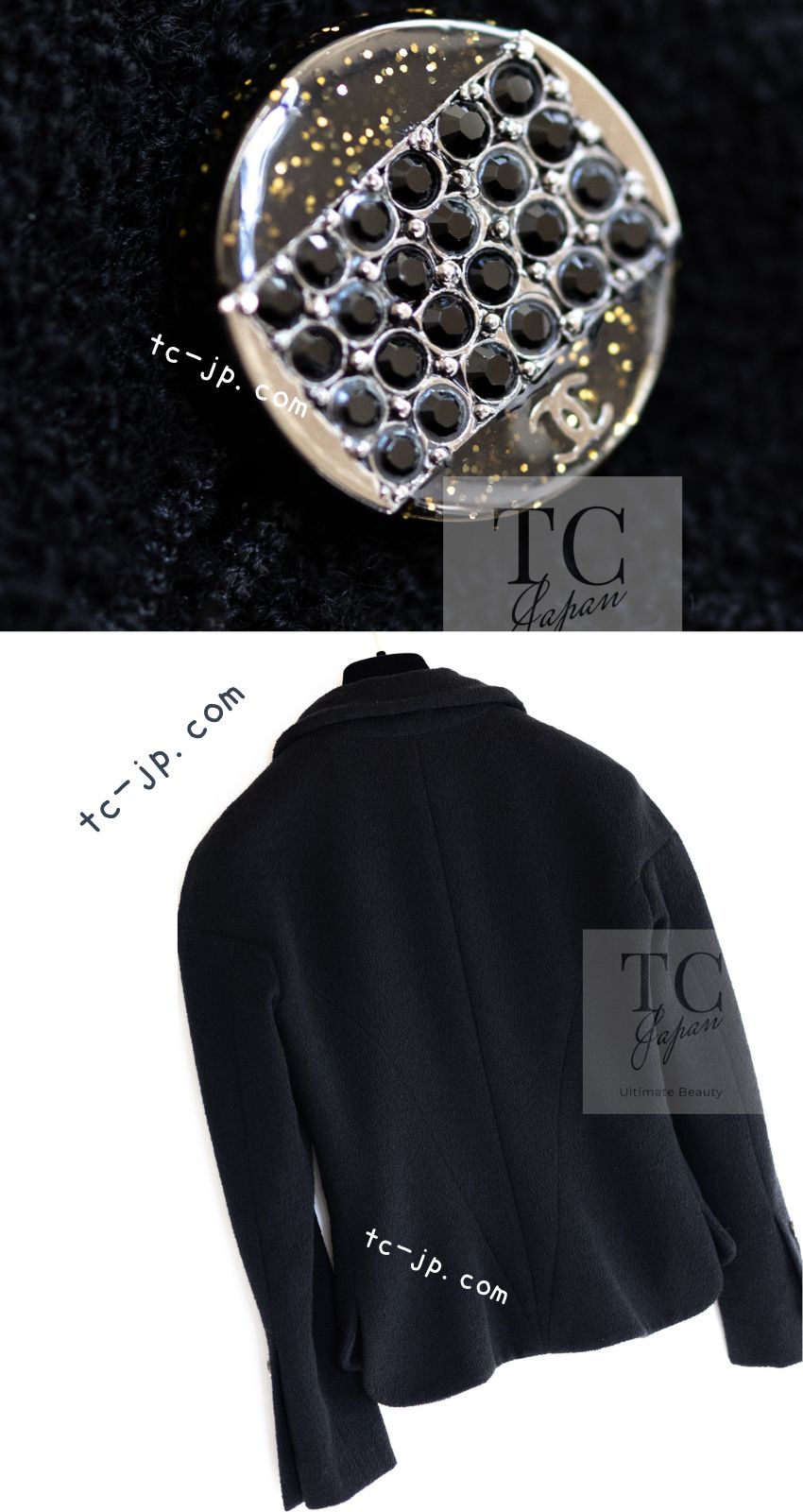 CHANEL 12C Black Rhinestone CC Buttons Wool Tweed Jacket 36 シャネル ブラック ラインストーン CC ボタン ウール ツイード ジャケット 即発