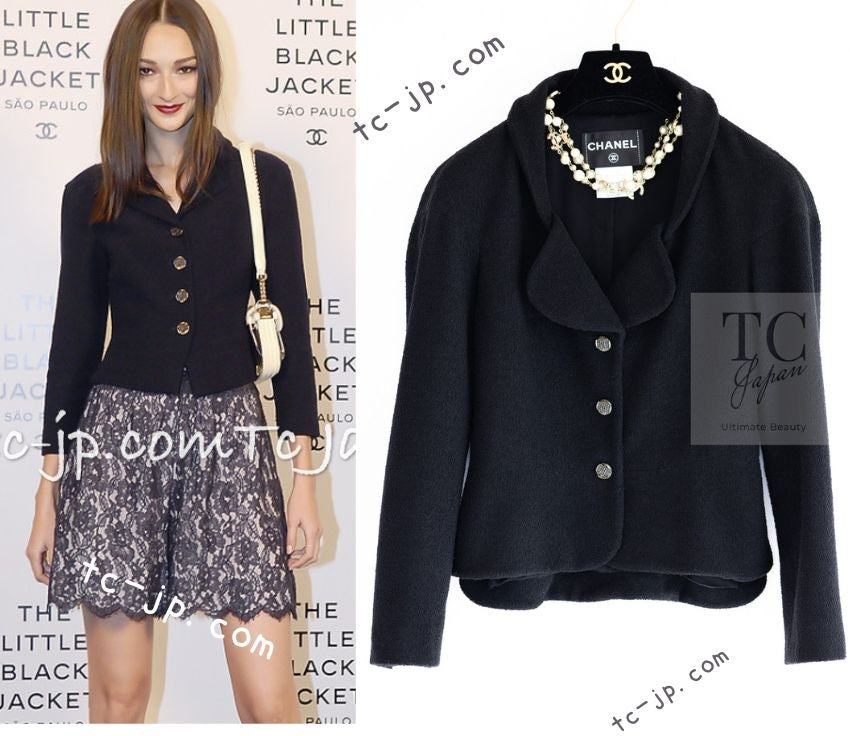 CHANEL 12C Black Rhinestone CC Buttons Wool Tweed Jacket 36 シャネル ブラック ラインストーン CC ボタン ウール ツイード ジャケット 即発