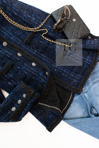CHANEL 10PF Navy Black Cotton Silk Tweed Jacket Stand Collar 36 シャネル ネイビー ブラック コットン シルク ツイード ジャケット スタンド カラー 即発