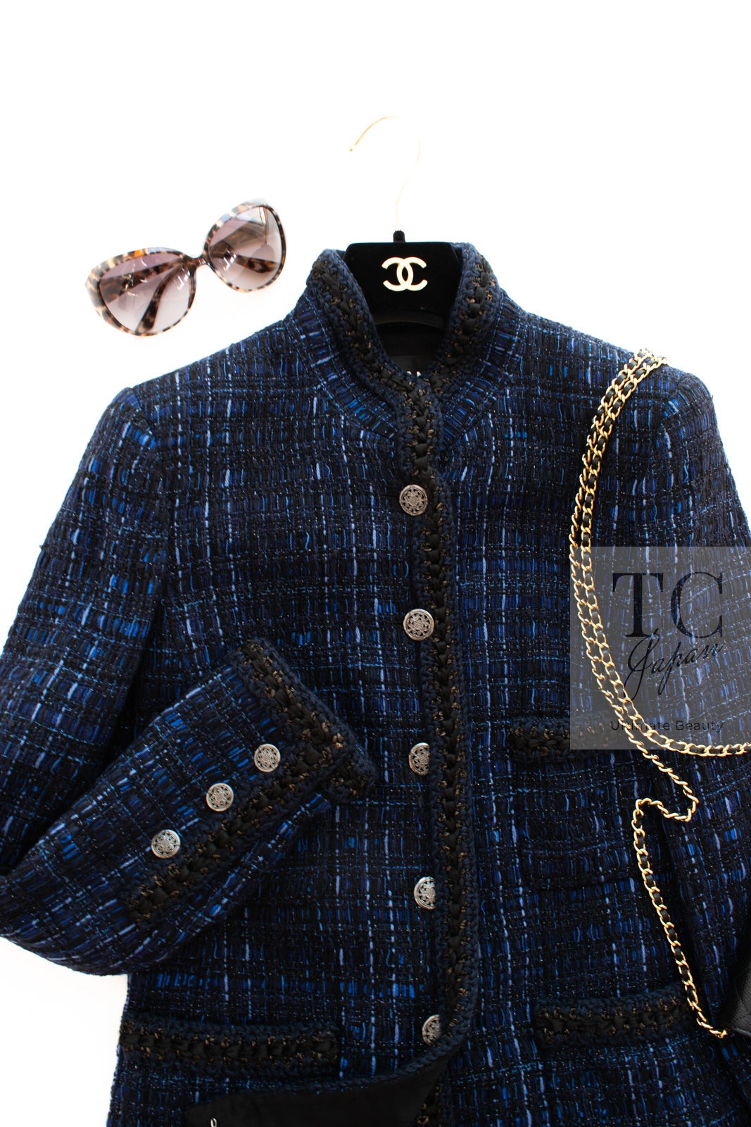 CHANEL 10PF Navy Black Cotton Silk Tweed Jacket Stand Collar 36 シャネル ネイビー ブラック コットン シルク ツイード ジャケット スタンド カラー 即発