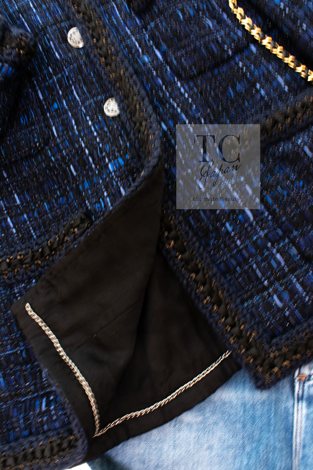 CHANEL 10PF Navy Black Cotton Silk Tweed Jacket Stand Collar 36 シャネル ネイビー ブラック コットン シルク ツイード ジャケット スタンド カラー 即発