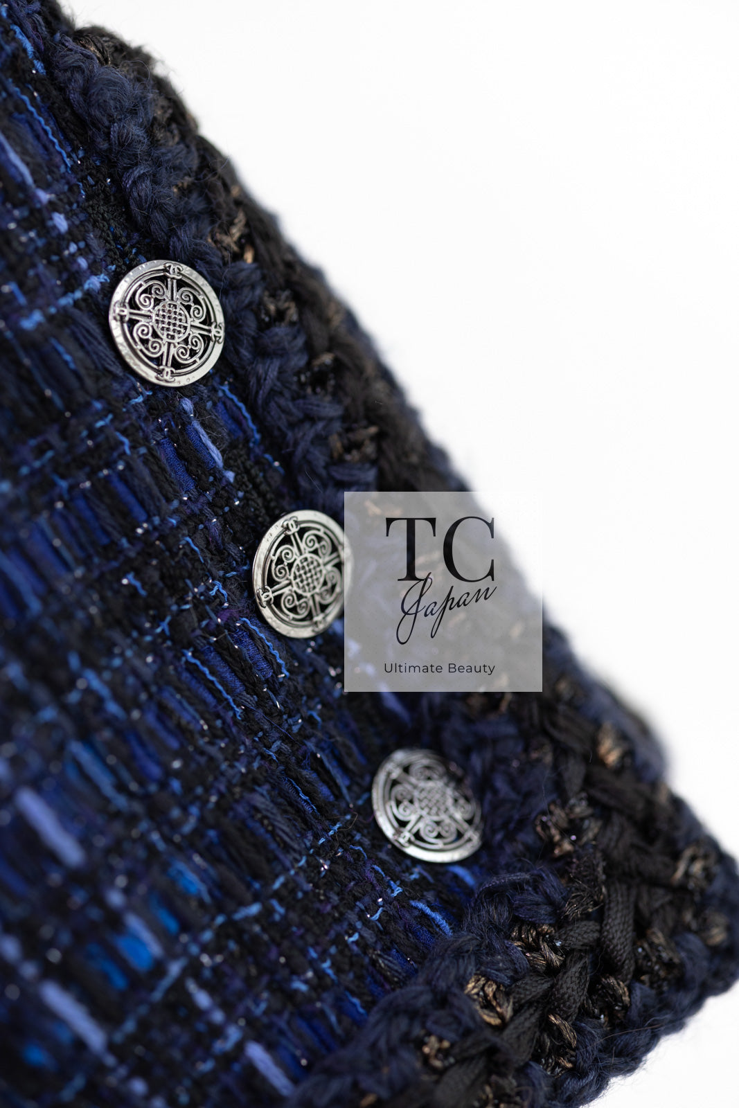 CHANEL 10PF Navy Black Cotton Silk Tweed Jacket Stand Collar 36 シャネル ネイビー ブラック コットン シルク ツイード ジャケット スタンド カラー 即発