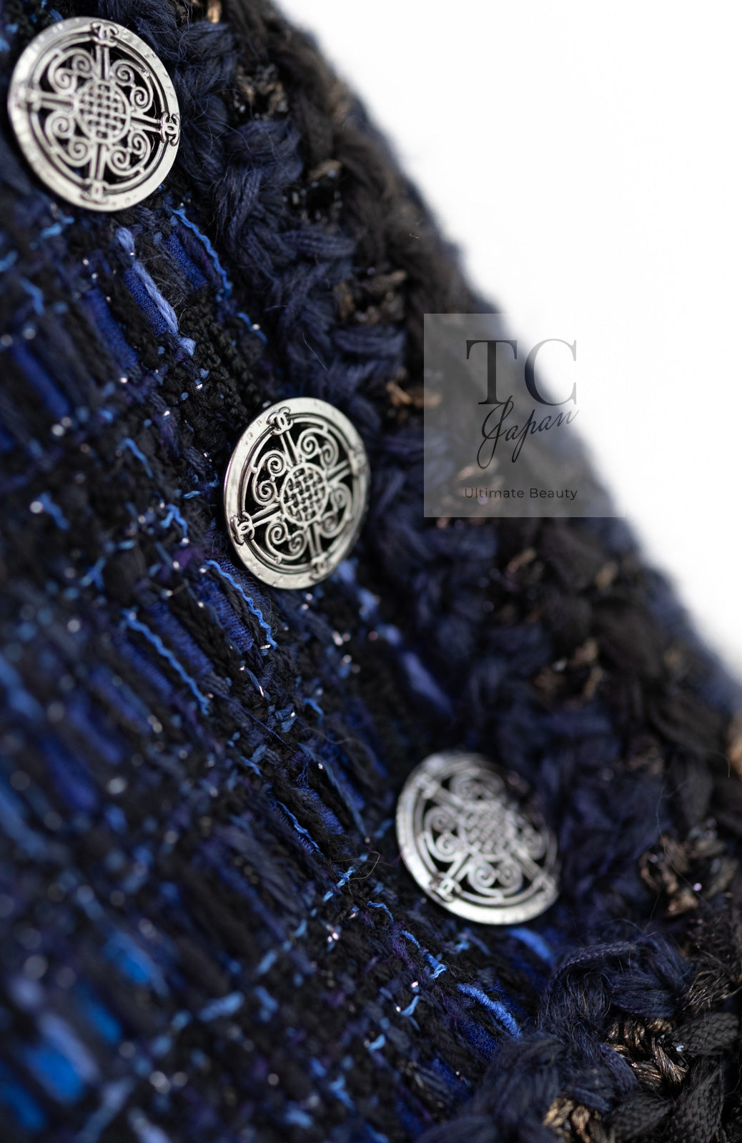 CHANEL 10PF Navy Black Cotton Silk Tweed Jacket Stand Collar 36 シャネル ネイビー ブラック コットン シルク ツイード ジャケット スタンド カラー 即発