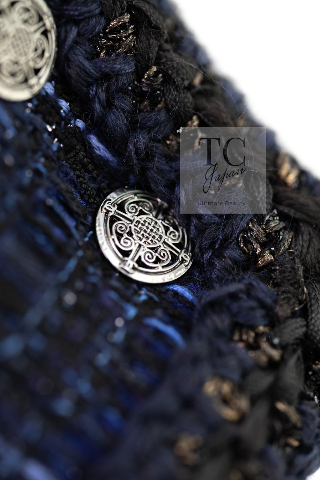 CHANEL 10PF Navy Black Cotton Silk Tweed Jacket Stand Collar 36 シャネル ネイビー ブラック コットン シルク ツイード ジャケット スタンド カラー 即発