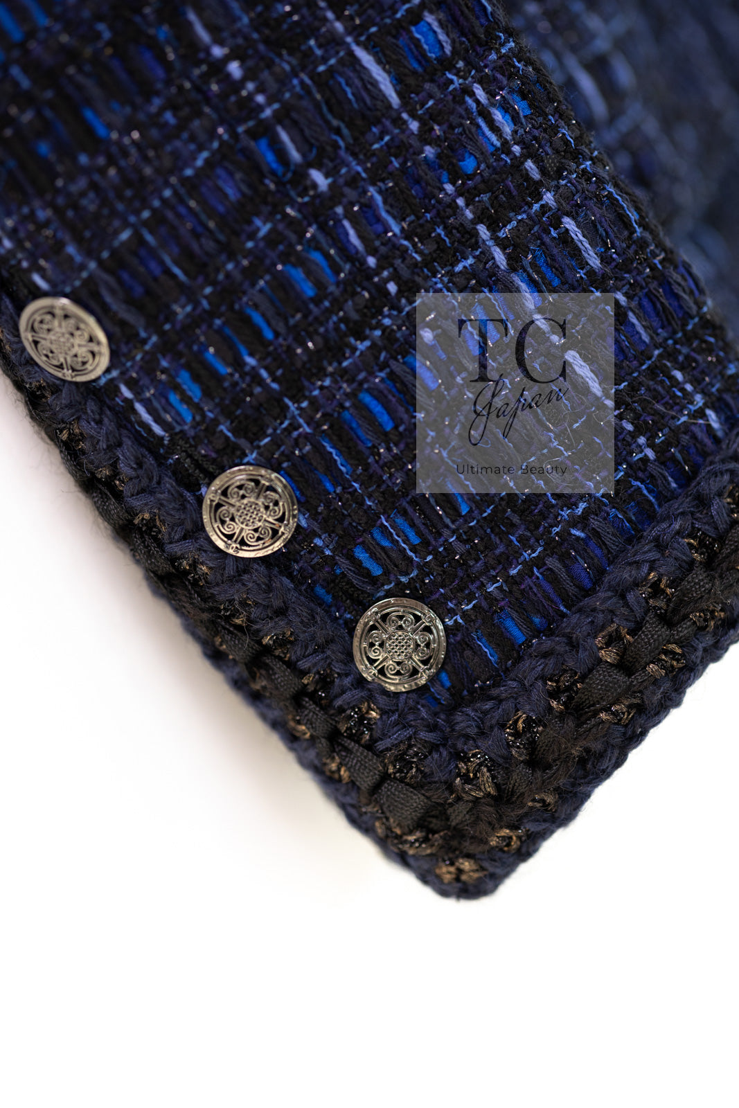 CHANEL 10PF Navy Black Cotton Silk Tweed Jacket Stand Collar 36 シャネル ネイビー ブラック コットン シルク ツイード ジャケット スタンド カラー 即発