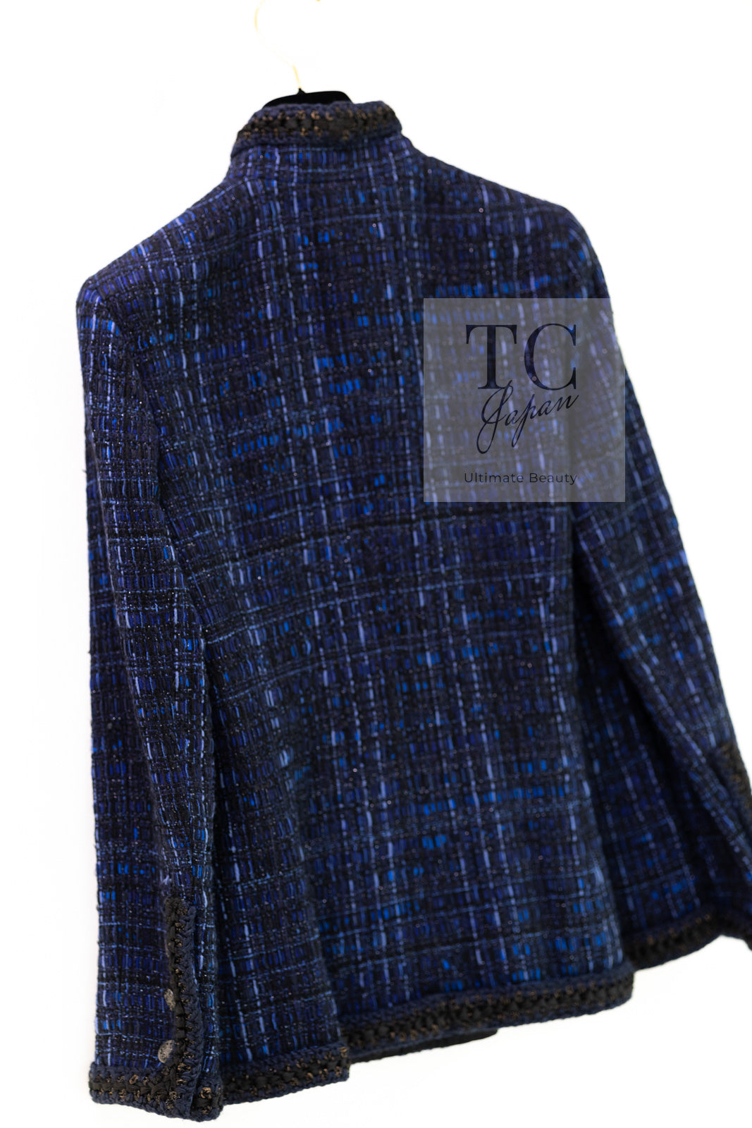 CHANEL 10PF Navy Black Cotton Silk Tweed Jacket Stand Collar 36 シャネル ネイビー ブラック コットン シルク ツイード ジャケット スタンド カラー 即発