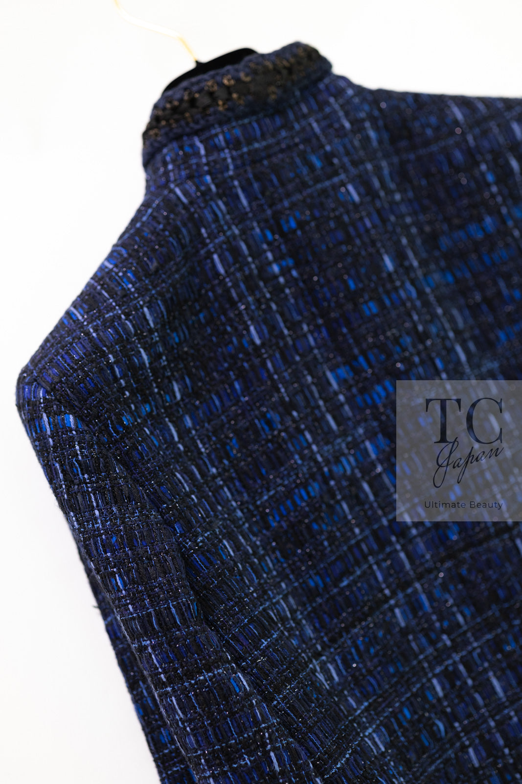 CHANEL 10PF Navy Black Cotton Silk Tweed Jacket Stand Collar 36 シャネル ネイビー ブラック コットン シルク ツイード ジャケット スタンド カラー 即発
