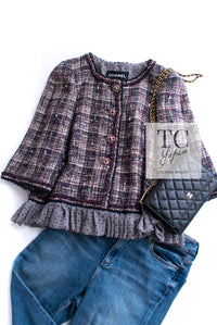 CHANEL 12S Purple Gray Cotton Tweed Silk Star Pleated Ruffle Jacket 34 シャネル パープル グレー コットン ツイード シルク スター プリーツ ラッフル ノーカラー ジャケット 即発
