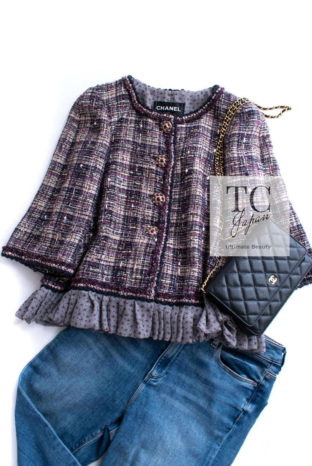 CHANEL 12S Purple Gray Cotton Tweed Silk Star Pleated Ruffle Jacket 34 シャネル パープル グレー コットン ツイード シルク スター プリーツ ラッフル ノーカラー ジャケット 即発
