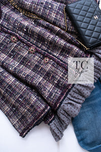 CHANEL 12S Purple Gray Cotton Tweed Silk Star Pleated Ruffle Jacket 34 シャネル パープル グレー コットン ツイード シルク スター プリーツ ラッフル ノーカラー ジャケット 即発