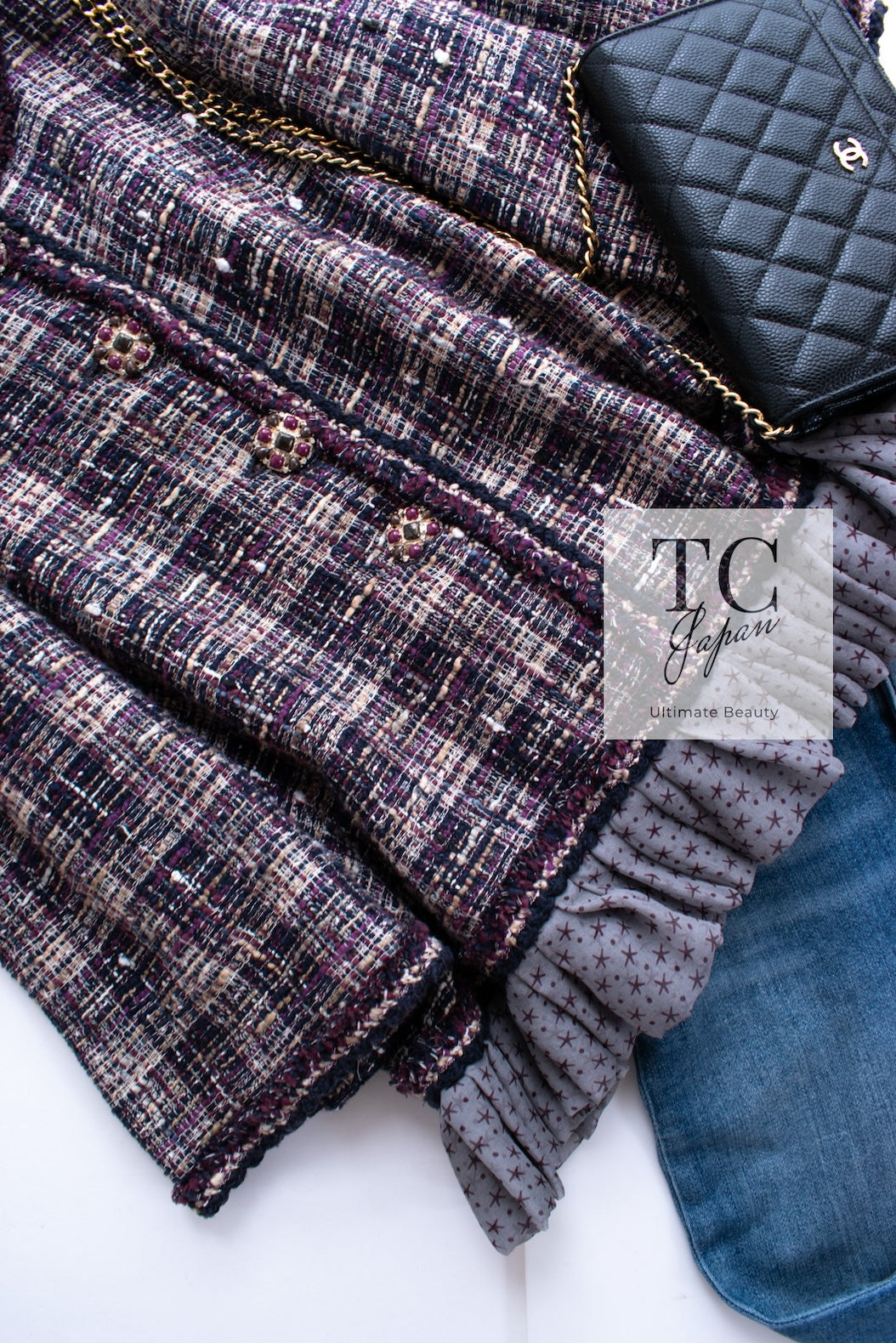 CHANEL 12S Purple Gray Cotton Tweed Silk Star Pleated Ruffle Jacket 34 シャネル パープル グレー コットン ツイード シルク スター プリーツ ラッフル ノーカラー ジャケット 即発