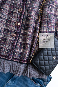 CHANEL 12S Purple Gray Cotton Tweed Silk Star Pleated Ruffle Jacket 34 シャネル パープル グレー コットン ツイード シルク スター プリーツ ラッフル ノーカラー ジャケット 即発