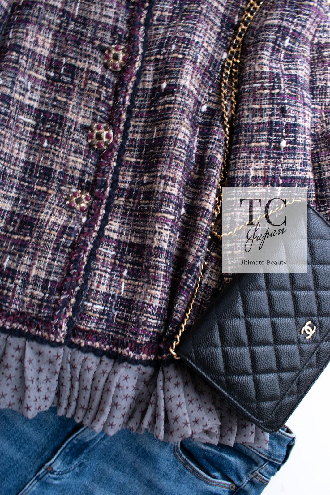 CHANEL 12S Purple Gray Cotton Tweed Silk Star Pleated Ruffle Jacket 34 シャネル パープル グレー コットン ツイード シルク スター プリーツ ラッフル ノーカラー ジャケット 即発