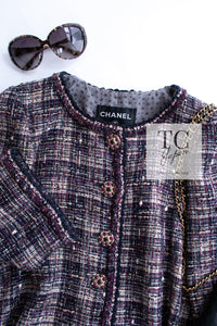 CHANEL 12S Purple Gray Cotton Tweed Silk Star Pleated Ruffle Jacket 34 シャネル パープル グレー コットン ツイード シルク スター プリーツ ラッフル ノーカラー ジャケット 即発