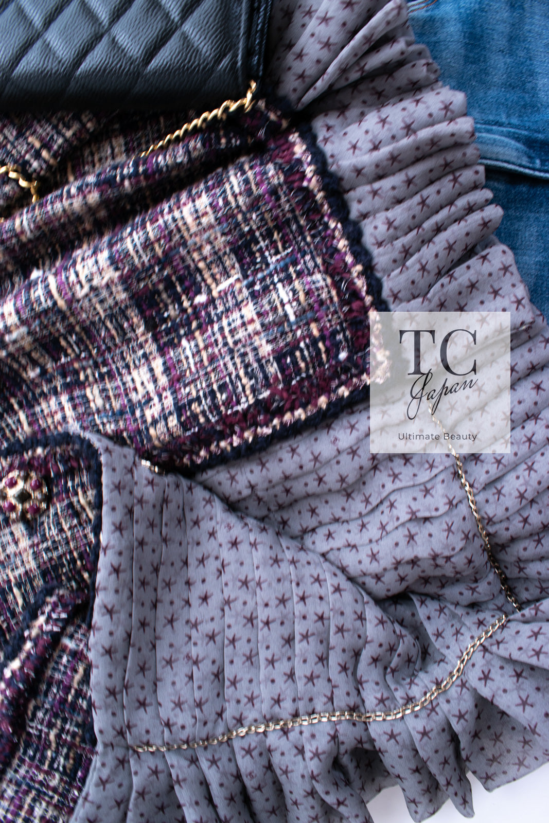 CHANEL 12S Purple Gray Cotton Tweed Silk Star Pleated Ruffle Jacket 34 シャネル パープル グレー コットン ツイード シルク スター プリーツ ラッフル ノーカラー ジャケット 即発