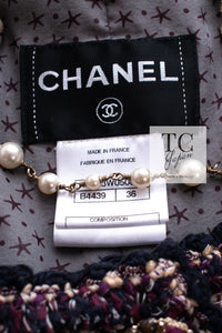 CHANEL 12S Purple Gray Cotton Tweed Silk Star Pleated Ruffle Jacket 34 シャネル パープル グレー コットン ツイード シルク スター プリーツ ラッフル ノーカラー ジャケット 即発