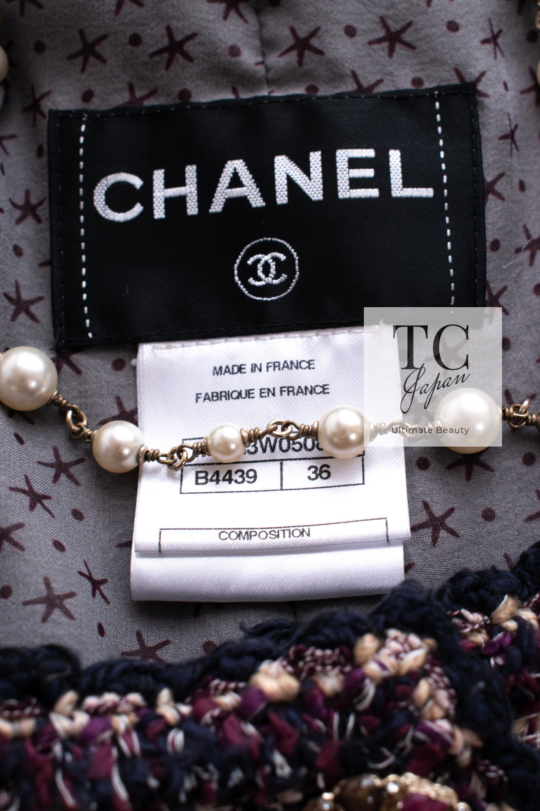 CHANEL 12S Purple Gray Cotton Tweed Silk Star Pleated Ruffle Jacket 34 シャネル パープル グレー コットン ツイード シルク スター プリーツ ラッフル ノーカラー ジャケット 即発