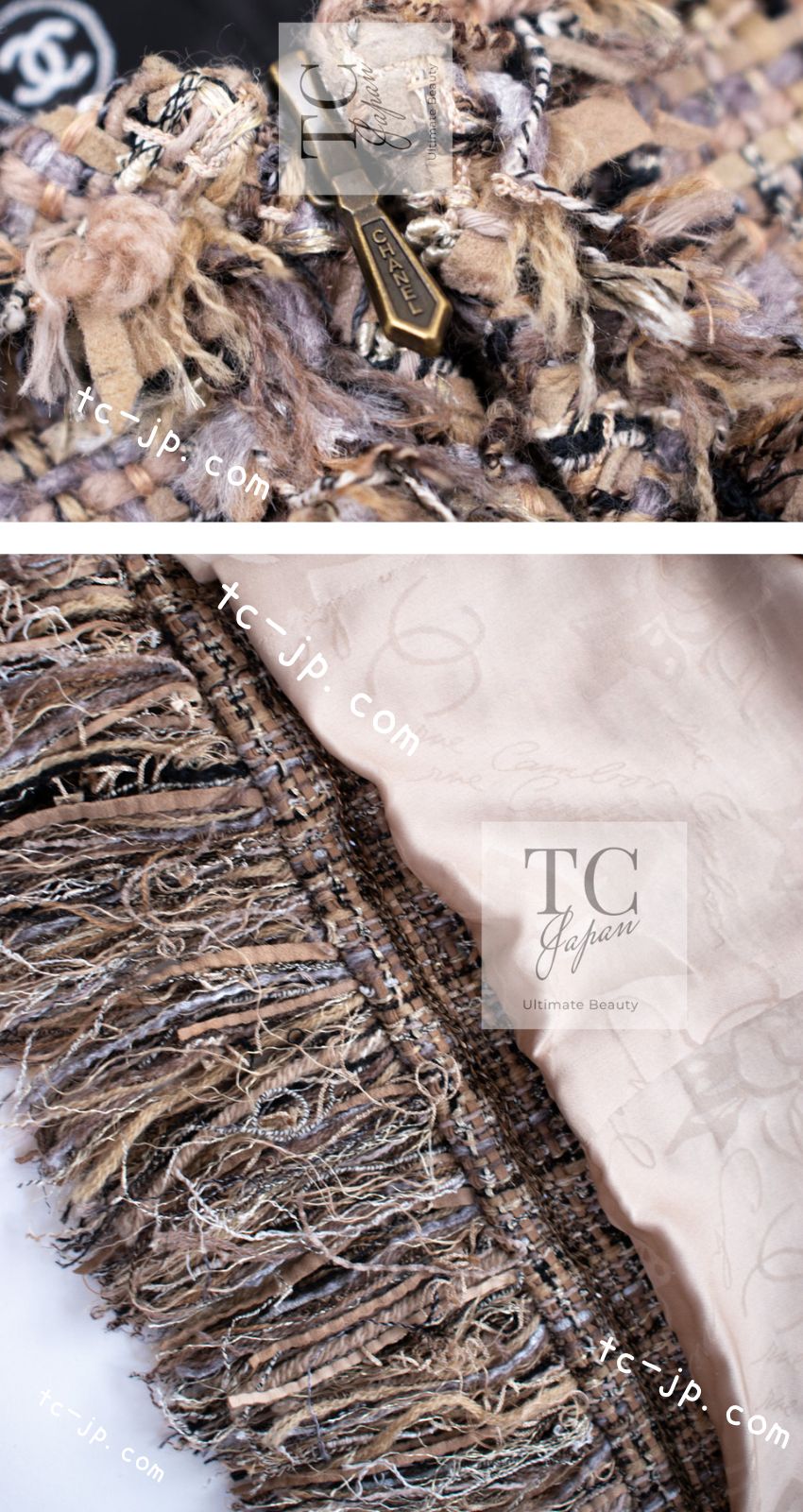 CHANEL 10A Beige Fringe Trimmed Goat Skin Tweed Jacket Skirt Suit 38 シャネル ベージュ フリンジ トリム ゴート スキン ツイード ジャケット スカート スーツ 即発